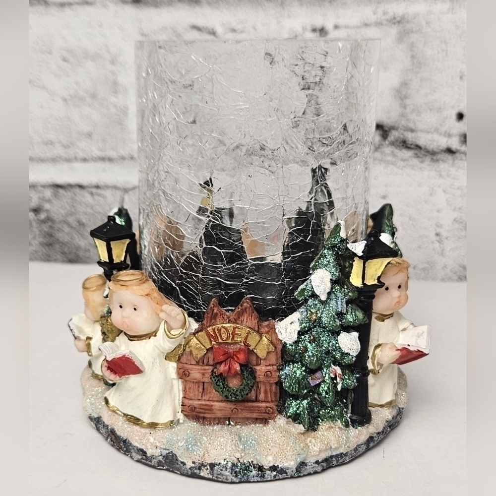 Vintage Christmas Angel Carolers Hurricane Candle Holder Crackle Glass